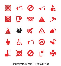 Warning icon. collection of 25 warning filled icons such as barrier, security camera, no dry cleaning, disabled, hands washing, fan. editable warning icons for web and mobile.