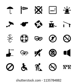Warning icon. collection of 25 warning filled icons such as barrier, smoking area, no smoking, disabled, wind cone, security camera. editable warning icons for web and mobile.
