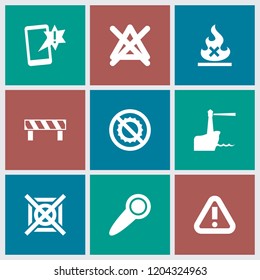 Warning icon. collection of 9 warning filled icons such as no brightness, door knob, important message, barrier, no dry cleaning. editable warning icons for web and mobile.