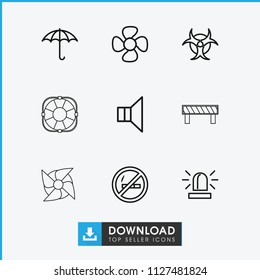Warning icon. collection of 9 warning outline icons such as siren, no smoking, keep dry cargo, fan, megaphone, hazzard. editable warning icons for web and mobile.