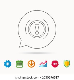 Warning icon. Dashboard attention sign. Caution exclamation mark symbol. Calendar, Graph chart and Cogwheel signs. Download and Shield web icons. Vector