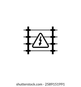 Warning icon depicting electric fence with danger symbol and lightning bolt. Isolated vector illustration.