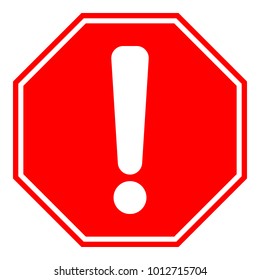 WARNING ICON. Exclamation point (mark) on red octagon sign. Vector.