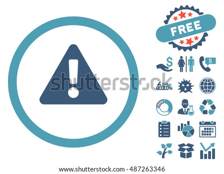 Warning icon with free bonus icon set. Vector illustration style is flat iconic bicolor symbols, cyan and blue colors, white background.