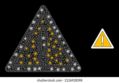 Warning icon and glowing net mesh warning model with glitter spots. Illuminated model done from warning vector icon and polygonal mesh. Illuminated carcass warning, on a black background.