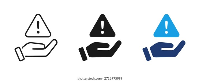 Icono de advertencia con la mano sosteniendo el triángulo de precaución y el signo de exclamación. Concepto de riesgo y seguridad para sistemas de alerta, prevención de peligros, avisos de seguridad, seguros, responsabilidad y atención al usuario.