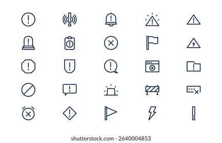 Warning icon illustrating alert signal, risk notification, and safety caution in outline line style