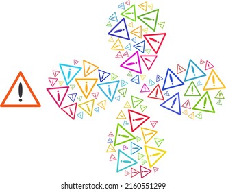 Icono de advertencia, forma de flor abstracta de twirl multicolor. Giro de elemento diseñado a partir de símbolos de advertencia dispersos. Collage de iconos de flor vectorial en estilo plano.
