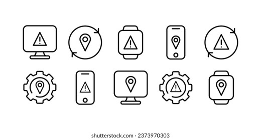 Warning icon. Outline, geolocation icons, gps on the device, error on the screen. Vector icons