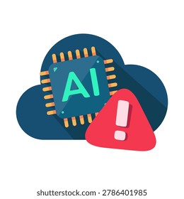 Warning icon over AI processor in cloud computing, symbolizing potential technology risks and issues