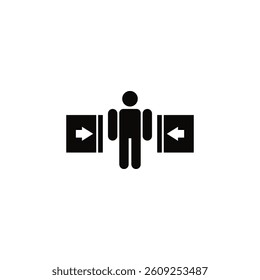 Warning icon of person being crushed by machine press, hazard alert symbol.
