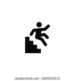 Warning icon of person tumbling down stairs, depicting accident risk.