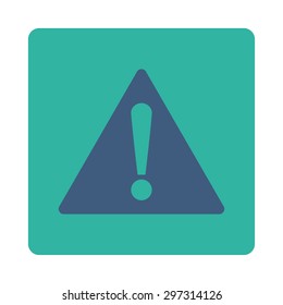 Warning icon from Primitive Buttons OverColor Set. This rounded square flat button is drawn with cobalt and cyan colors on a white background.