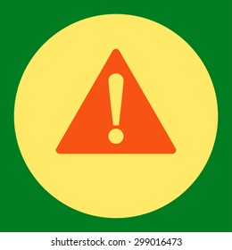 Warning icon from Primitive Round Buttons OverColor Set. This round flat button is drawn with orange and yellow colors on a green background.
