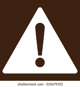 Warning icon from Primitive Set. This isolated flat symbol is drawn with white color on a brown background, angles are rounded.