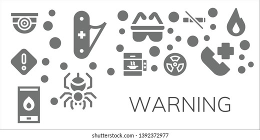 warning icon set. 11 filled warning icons.  Collection Of - Surveillance, Jackknife, Danger, Elevator, Fire, Radioactive, Safety, Spider, No smoke, Emergency call