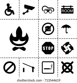 Warning icon. set of 13 filled warning icons such as barrier, smoking area, disabled, no dry cleaning, welding glasses, keep dry cargo, prohibited, room tag, stop