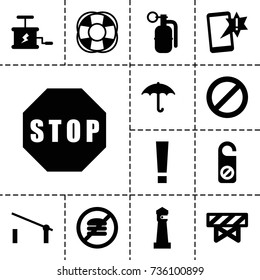 Warning icon. set of 13 filled warning icons such as barrier, lighthouse, do not disturb, keep dry cargo, fan, prohibited, stop, dynamite, important message, exclamation point