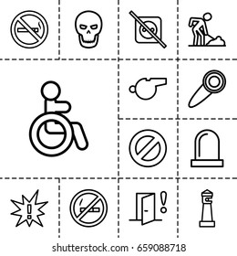 Warning icon. set of 13 outline warningicons such as disabled, lighthouse, digging man, no smoking, siren, door warning, door knob, skull, whistle, exclamation, no plug