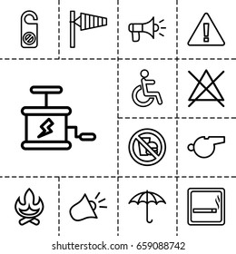 Warning icon. set of 13 outline warningicons such as smoking area, wind cone, do not disturb, no bleaching, disabled, keep dry cargo, siren, megaphone, dynamite, no fast food
