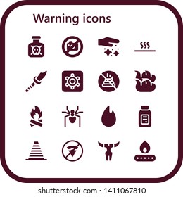 warning icon set. 16 filled warning icons.  Simple modern icons about  - Toxic, No photo, Dust, Hot, Weapon, Hidden camera, No poop, Fire, Bonfire, Spider, Alcohol, Cone, No fast food