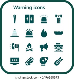 warning icon set. 16 filled warning icons.  Simple modern icons about  - Weapons, Elevator, Siren, Semaphore, Cone, Fire, Ashtray, Megaphone, Bonfire, Loudspeaker, Password, Safety glasses