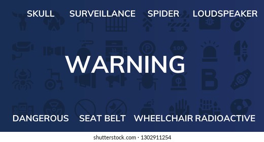  warning icon set. 32 filled warning icons. on blue background style Simple modern icons about  - Skull, Surveillance, Spider, Loudspeaker, Dangerous, Seat belt, Wheelchair, Radioactive