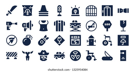 warning icon set. 32 filled warning icons. on blue background style Simple modern icons about  - Weapons, Wheel pressure, No fast food, Barrier, Abs, Megaphone, Bomb, Skull, Cone