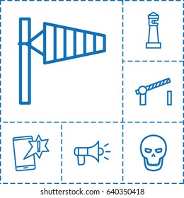 Warning icon. set of 6 warning outline icons such as wind cone, lighthouse, road barrier, megaphone, skull
