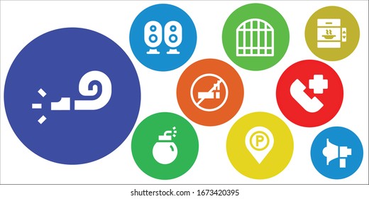 warning icon set. 9 filled warning icons.  Simple modern icons such as: Whistle, Loudspeaker, Gate, Bomb, Parking sign, No smoking, Emergency call, Elevator, Megaphone