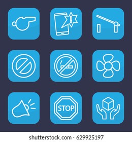 Warning icon. set of 9 outline warning icons such as barrier, handle with care, fan, siren, stop, whistle, important message, prohibited