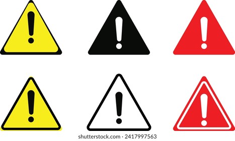 Warning icon set. The attention icon. Danger symbol. Flat Vector alert triangle warn sign, Triangle Caution and Warning Vector Design. attention vector, fatal error message element, exclamation mark.