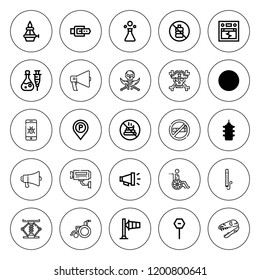 Warning icon set. collection of 25 outline warning icons with belt, bonfire, elevator, earthquake, handicap, jolly roger, megaphone, flame, malware icons. editable icons.