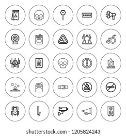 Warning icon set. collection of 25 outline warning icons with belt, bonfire, cam, cigarettes, danger, hang out, loudspeaker, megaphone, landslide icons. editable icons.