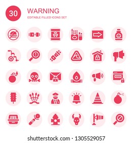 warning icon set. Collection of 30 filled warning icons included No fast food, Seat belt, Radioactive, Cigarette, Sign, Wheelchair, Warning, Tsunami, Secure, Bomb, Skull, Fire