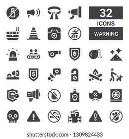 warning icon set. Collection of 32 filled warning icons included No pets, Warning, Barbed wire, No smoking, Skull, Radioactivity, Pirate hat, Poison, No fire allowed, Megaphone