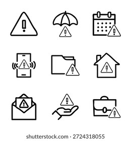 Warnsymbol-Set. Enthaltend Alarm, Vorsicht, Gefahr, Fehler, Gefahr, Benachrichtigung, Aufmerksamkeitszeichen, Ausrufezeichen, Stopp, Benachrichtigung und mehr. Bearbeitbare Liniensymbole. Vektorgrafik