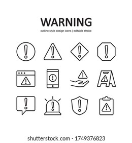 Juego de iconos de advertencia. Contiene iconos como signo de advertencia, signo de exclamación, alerta. Diseño de estilo de línea. Ilustración gráfica vectorial. Adecuado para diseño de sitios web, aplicación, plantilla, ui. Trazo editable.