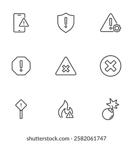 Warning icon set, danger sign, alert, risk, safety notification