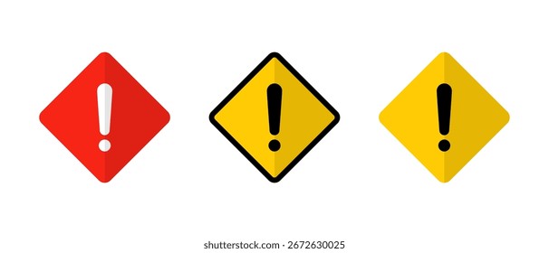 Conjunto de iconos de advertencia en diseño plano. Signo de exclamación en forma de diamante. Símbolo de precaución y alerta