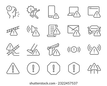 Warning icon set. It included alerts, notifications, caution, alarm, and more icons. Editable Vector Stroke.