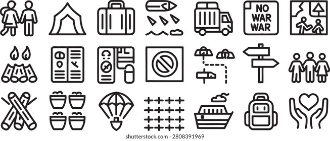 Warning Icon Set with No War Signs, Shelter Building, Road Arrow, People Symbols, and Safety Pictograms