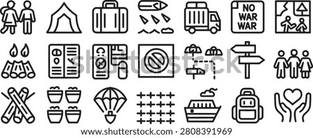 Warning Icon Set with No War Signs, Shelter Building, Road Arrow, People Symbols, and Safety Pictograms