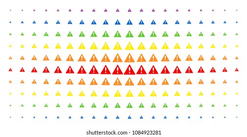 Warning icon spectral halftone pattern. Vector warning items are arranged into halftone array with vertical spectral gradient. Designed for backgrounds, covers, templates and abstraction effects.