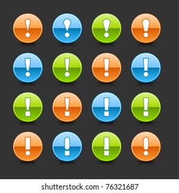 Warning icon web 2.0 button with exclamation mark. Glossy round shape with black shadow and dark reflection on gray background