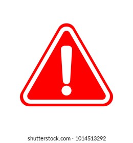 WARNING ICON. White exclamation point (mark) on red triangle sign. Vector.