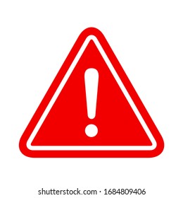 WARNING ICON. White exclamation point (mark) on red triangle sign. Vector.