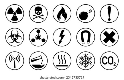 Warning icons collection. Black vector hazard signs on white background.