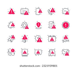 Warning icons color set. Internet security and safety. Notification for mobile applications and programs. UI and UX design for website. Linear flat vector collection isolated on white background