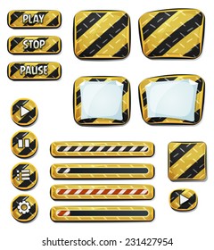 Warning Icons And Elements For Ui Game/ Illustration of a set of various cartoon design ui emergency and security elements, with banners, signs, buttons, load bar and app icon background for tablet pc